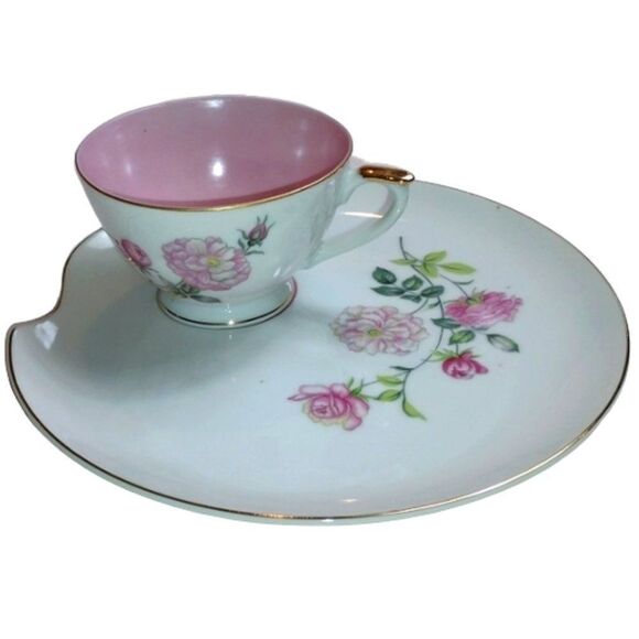 Vintage ESD Japan Made Hand Painted‎ Floral Rose Pink Snack Plate & Teacup - Picture 1 of 11